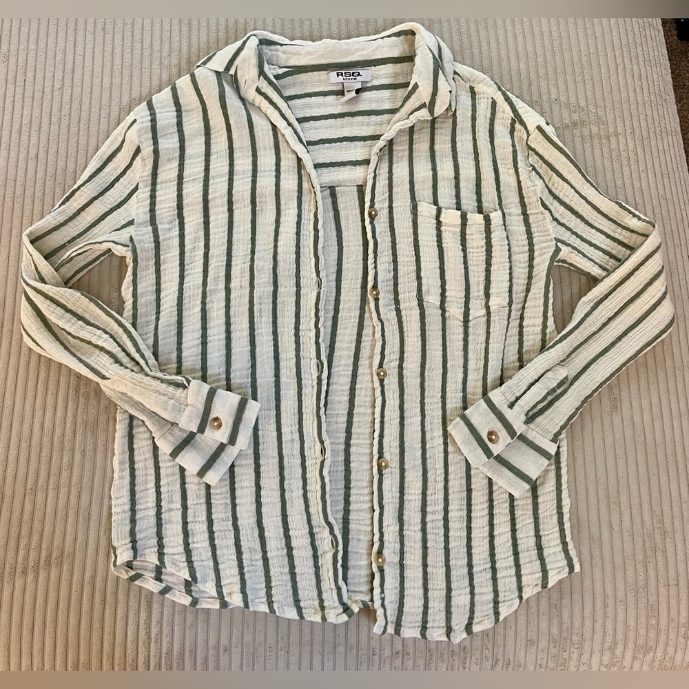 RSQ Linen Button Up Shirt Vertical Green Sage White Bone Cream Stripe Lines